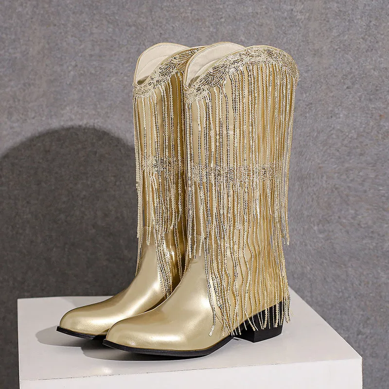 Womens Fringe & Sequins Decor Point Toe Chunky Heeled Western Boots