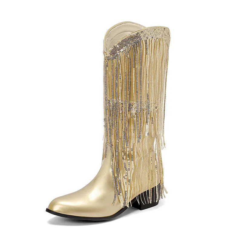 Womens Fringe & Sequins Decor Point Toe Chunky Heeled Western Boots