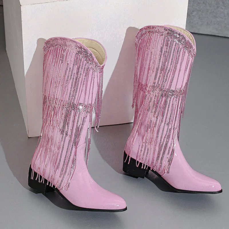 Womens Fringe & Sequins Decor Point Toe Chunky Heeled Western Boots