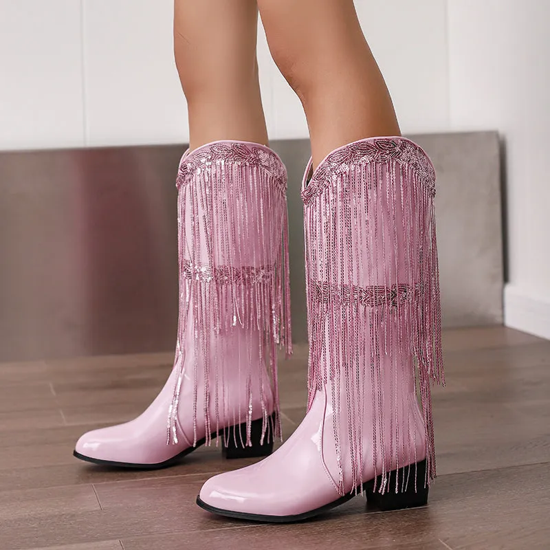 Womens Fringe & Sequins Decor Point Toe Chunky Heeled Western Boots