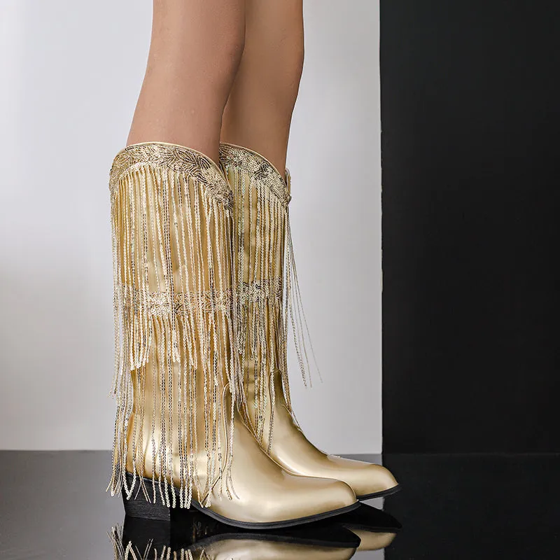 Womens Fringe & Sequins Decor Point Toe Chunky Heeled Western Boots