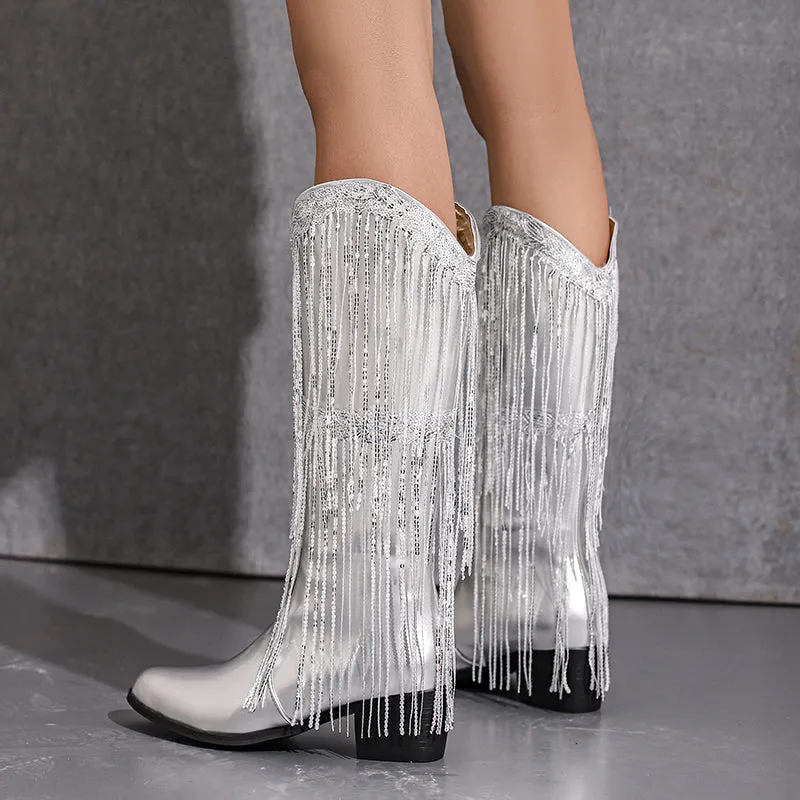 Womens Fringe & Sequins Decor Point Toe Chunky Heeled Western Boots