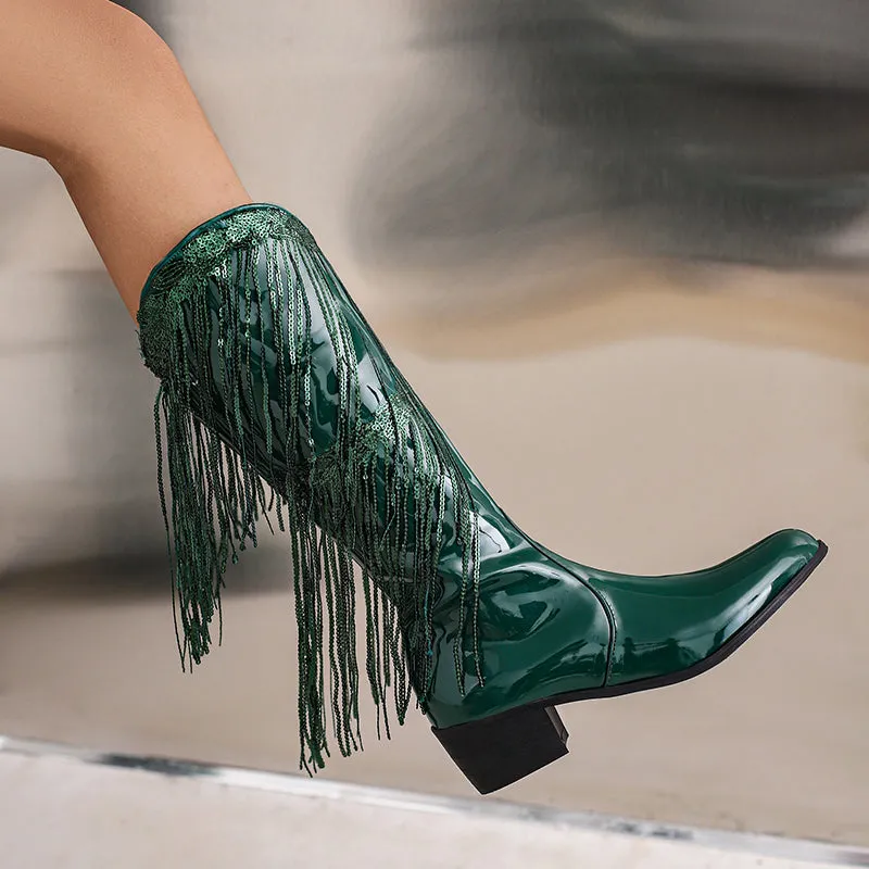 Womens Fringe & Sequins Decor Point Toe Chunky Heeled Western Boots