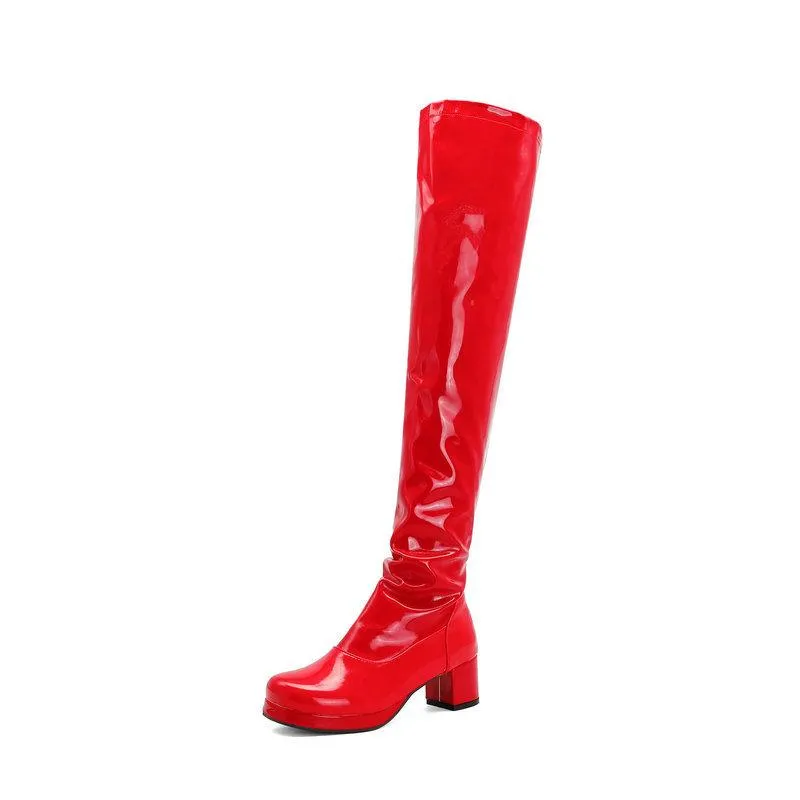 Women's Knee High Boots Patent Leather Zipper Thick Bottom High Heeled