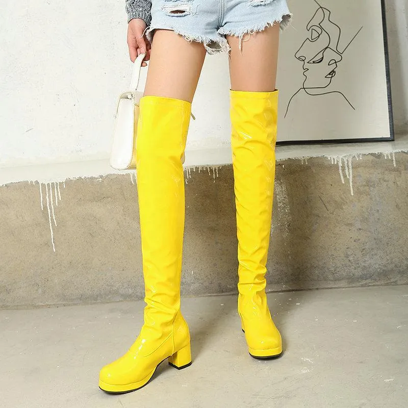 Women's Knee High Boots Patent Leather Zipper Thick Bottom High Heeled