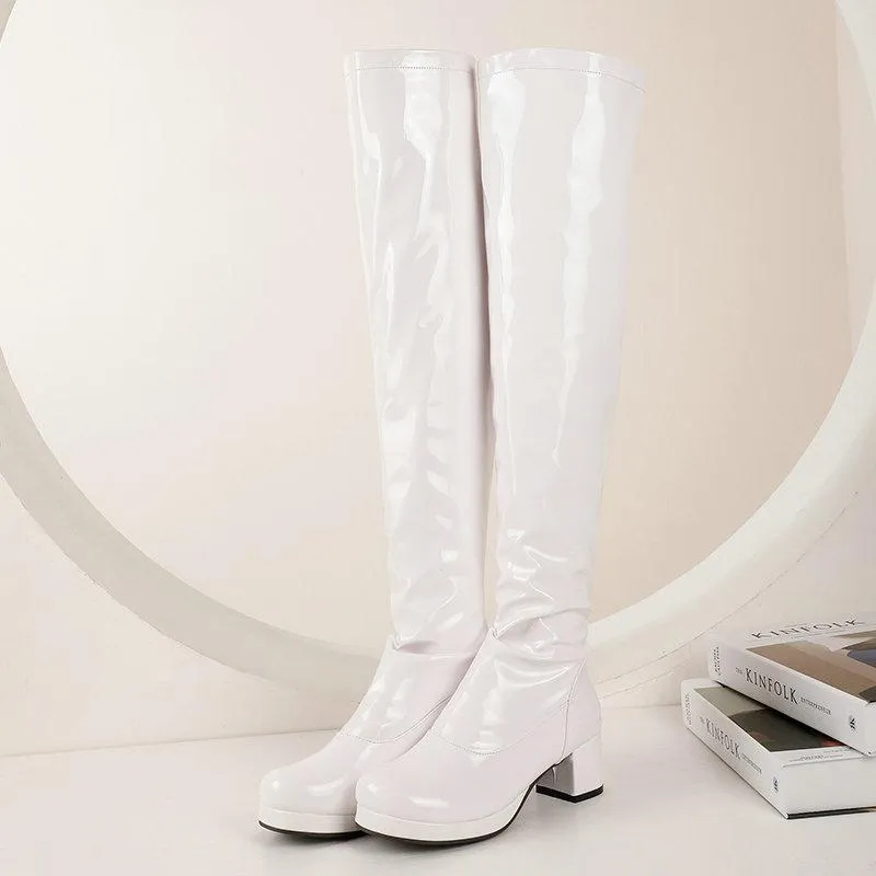 Women's Knee High Boots Patent Leather Zipper Thick Bottom High Heeled