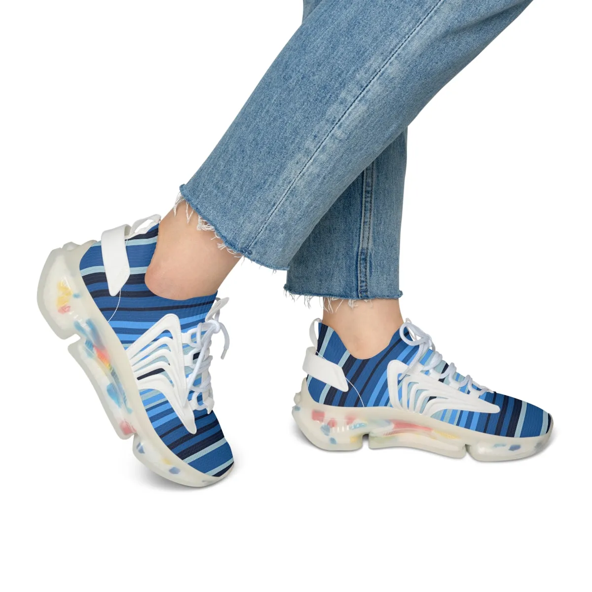 Women's Mesh Sneakers Blue Lined Print Colorful Soles