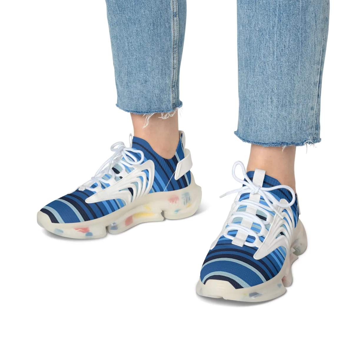 Women's Mesh Sneakers Blue Lined Print Colorful Soles