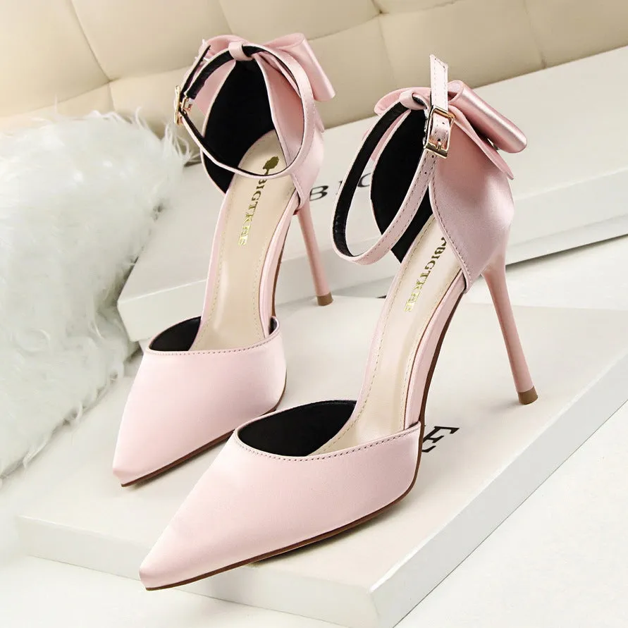 Womens Pointed Toe High Heel Bow Prom Wedding Shoes Pumps