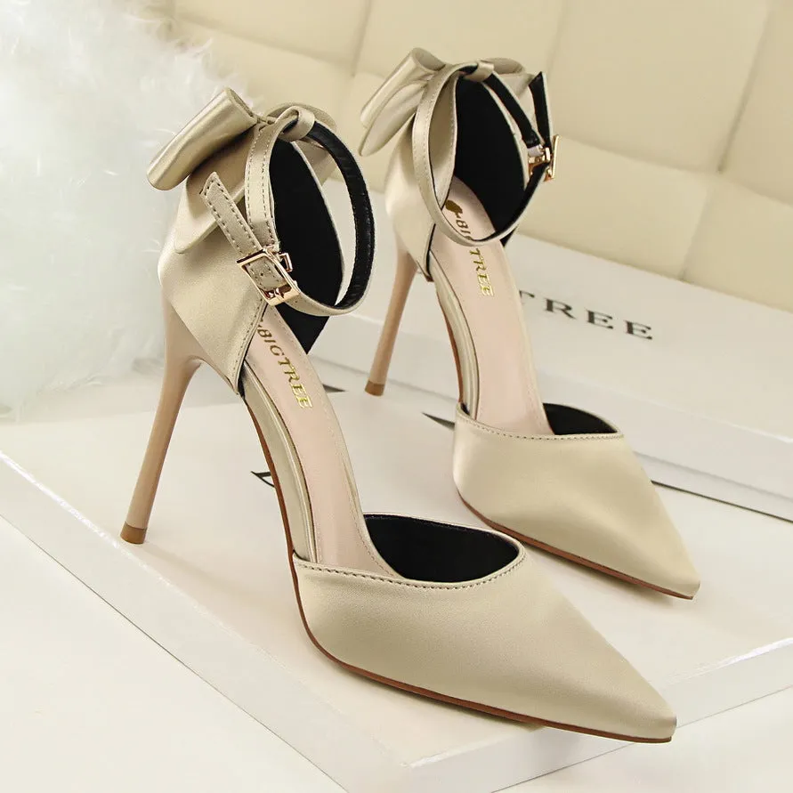 Womens Pointed Toe High Heel Bow Prom Wedding Shoes Pumps