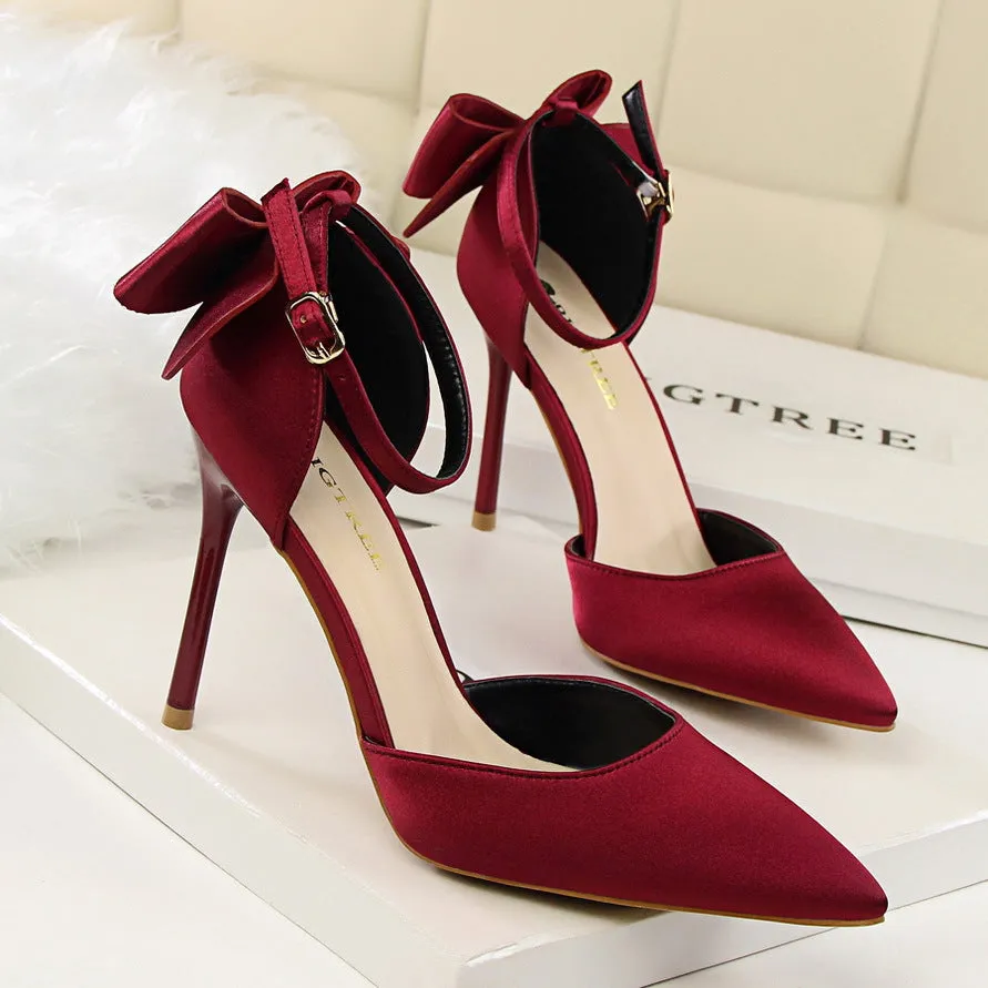 Womens Pointed Toe High Heel Bow Prom Wedding Shoes Pumps