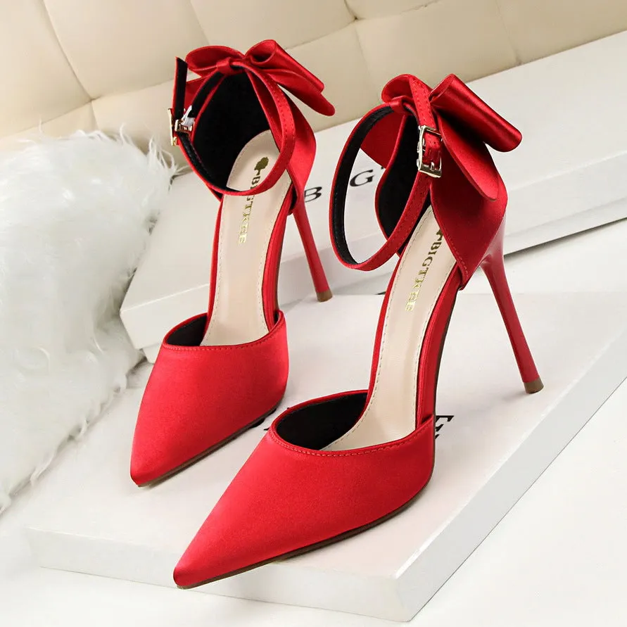 Womens Pointed Toe High Heel Bow Prom Wedding Shoes Pumps