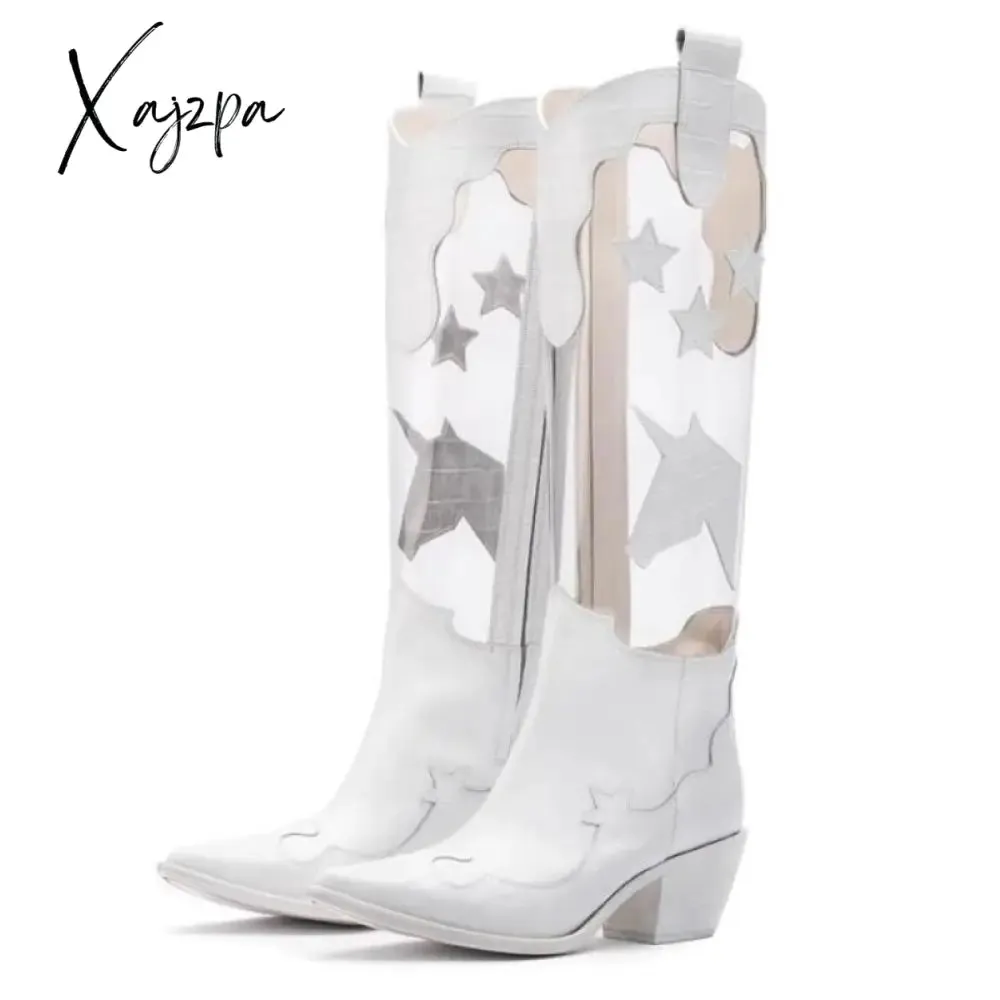 Xajzpa - Large size spring five-star color matching chunky high-heeled high boots fashion boots