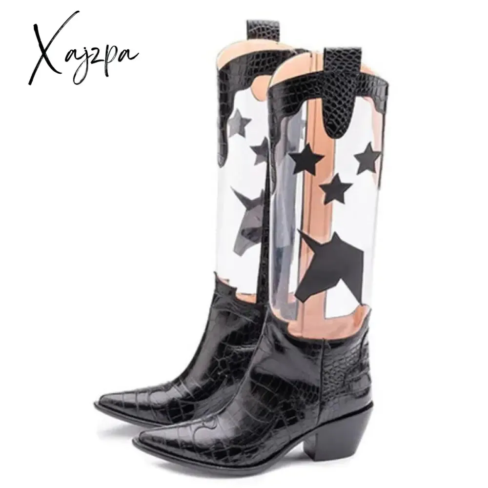 Xajzpa - Large size spring five-star color matching chunky high-heeled high boots fashion boots